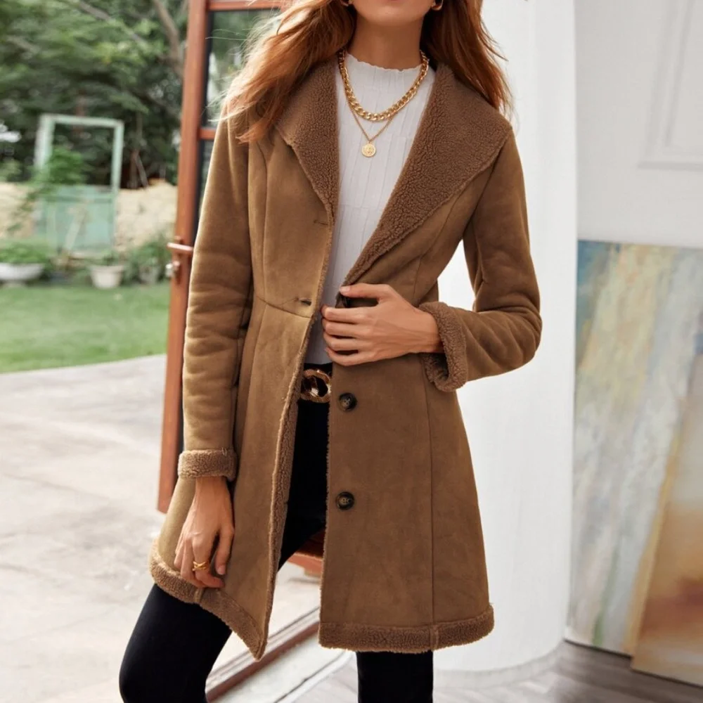 Cozy Camel Tan Sherpa Lined Vegan Suede Jacket Coat - Picture 1 of 7